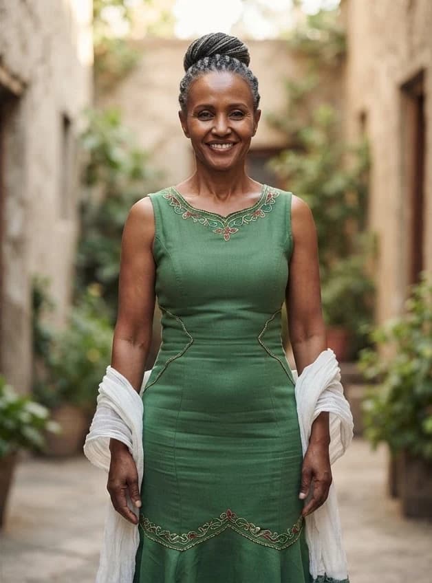 The same fictional older woman with an athletic figure and strong arms, wearing a fitted green Ethiopian-inspired dress.