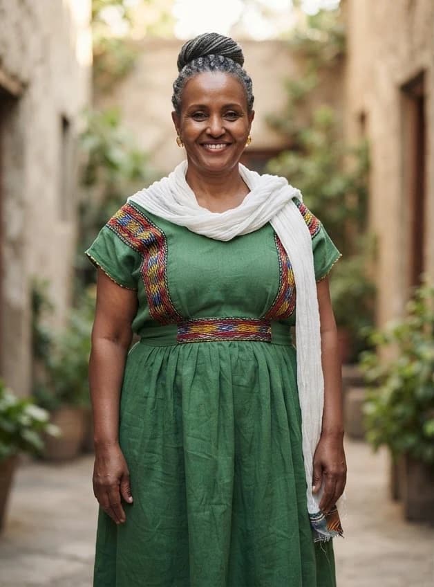 Fictional older Ethiopian woman with a fuller figure in a green embroidered dress and white netela.
