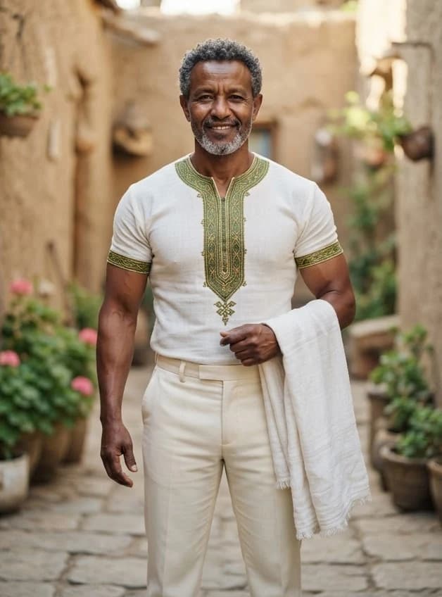 The same fictional older man with a lean muscular figure in a fitted Ethiopian embroidered shirt and trousers.