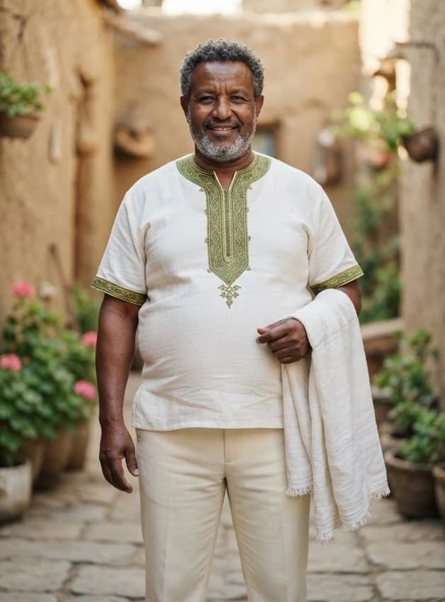 Fictional older Ethiopian man with a fuller figure in a white shirt with Ethiopian embroidery and ivory trousers.